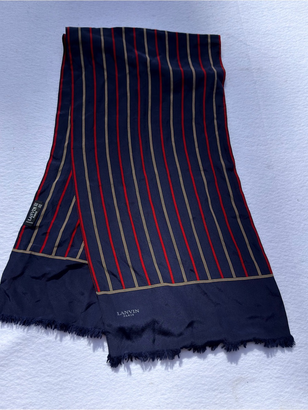 Vintage Lanvin Paris 100% Silk Scarf Navy Red Gold Striped Fringe Italy
